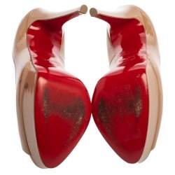 Pre Owned Christian Louboutin Beige Patent Leather Lady Peep Toe Platform Pumps Size 37