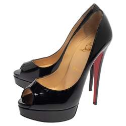 Pre Owned Christian Louboutin Black Patent Lady Peep Toe Platform Pumps Size 39.5