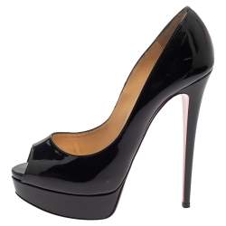 Pre Owned Christian Louboutin Black Patent Lady Peep Toe Platform Pumps Size 39.5