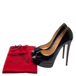 Pre Owned Christian Louboutin Black Patent Lady Peep Toe Platform Pumps Size 39.5