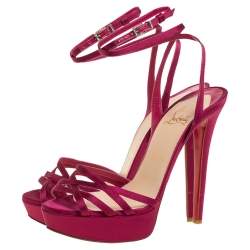 Christian Louboutin Pink Satin Platform Ankle Wrap Sandals Size 38