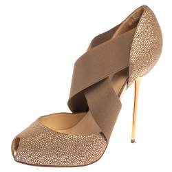 Pre Owned Christian Louboutin Metallic Brown Textured Leather Big Dorcet Peep Toe Pumps Size 38.5