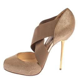 Pre Owned Christian Louboutin Metallic Brown Textured Leather Big Dorcet Peep Toe Pumps Size 38.5