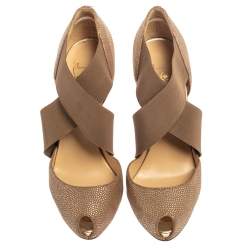Pre Owned Christian Louboutin Metallic Brown Textured Leather Big Dorcet Peep Toe Pumps Size 38.5