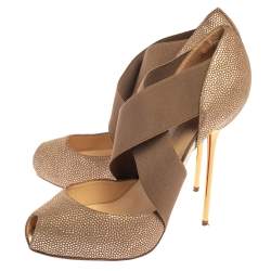 Pre Owned Christian Louboutin Metallic Brown Textured Leather Big Dorcet Peep Toe Pumps Size 38.5