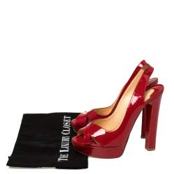 Pre Owned Christian Louboutin Red Patent Leather Marpoil Peep Toe Platform Slingback Sandals Size 38.5
