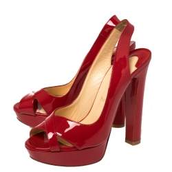 Pre Owned Christian Louboutin Red Patent Leather Marpoil Peep Toe Platform Slingback Sandals Size 38.5