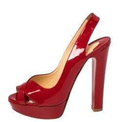 Pre Owned Christian Louboutin Red Patent Leather Marpoil Peep Toe Platform Slingback Sandals Size 38.5