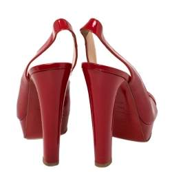 Pre Owned Christian Louboutin Red Patent Leather Marpoil Peep Toe Platform Slingback Sandals Size 38.5