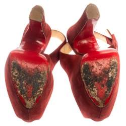 Pre Owned Christian Louboutin Mahogany Red Suede Peep Toe High Platform Sandals Size 36
