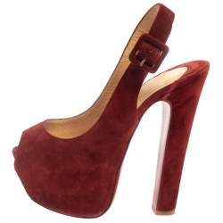 Pre Owned Christian Louboutin Mahogany Red Suede Peep Toe High Platform Sandals Size 36