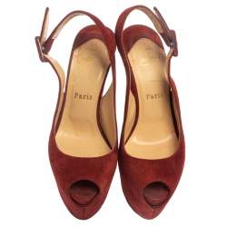 Pre Owned Christian Louboutin Mahogany Red Suede Peep Toe High Platform Sandals Size 36