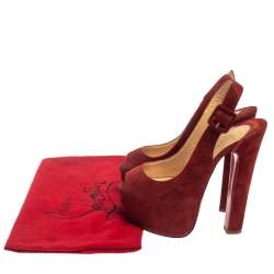 Pre Owned Christian Louboutin Mahogany Red Suede Peep Toe High Platform Sandals Size 36
