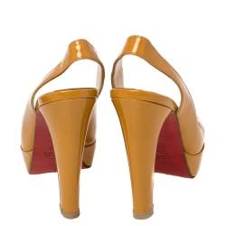 Pre Owned Christian Louboutin Mustard Yellow Patent Leather Marpoil Peep Toe Platform Slingback Sandals Size 38