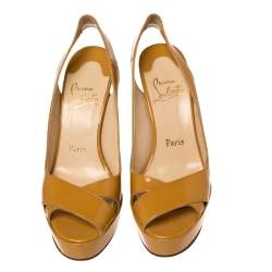 Pre Owned Christian Louboutin Mustard Yellow Patent Leather Marpoil Peep Toe Platform Slingback Sandals Size 38