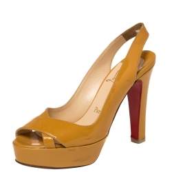 Pre Owned Christian Louboutin Mustard Yellow Patent Leather Marpoil Peep Toe Platform Slingback Sandals Size 38
