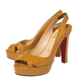 Pre Owned Christian Louboutin Mustard Yellow Patent Leather Marpoil Peep Toe Platform Slingback Sandals Size 38