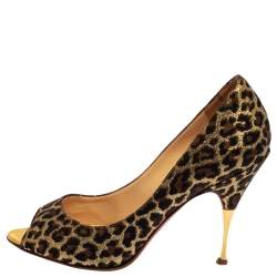 Pre Owned Christian Louboutin Metallic Gold Leopard Print Jacquard Yoyospina  Pumps Size 37.5