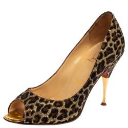 Pre Owned Christian Louboutin Metallic Gold Leopard Print Jacquard Yoyospina  Pumps Size 37.5
