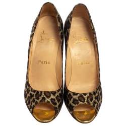 Pre Owned Christian Louboutin Metallic Gold Leopard Print Jacquard Yoyospina  Pumps Size 37.5