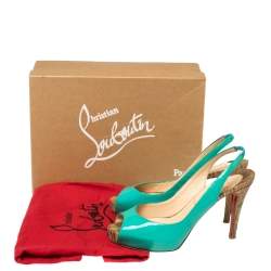 Pre Owned Christian Louboutin Green Patent Leather Private Number Peep Toe Slingback Sandals Size 37.5