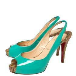 Pre Owned Christian Louboutin Green Patent Leather Private Number Peep Toe Slingback Sandals Size 37.5