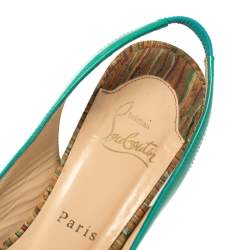 Pre Owned Christian Louboutin Green Patent Leather Private Number Peep Toe Slingback Sandals Size 37.5