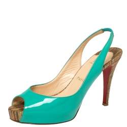 Pre Owned Christian Louboutin Green Patent Leather Private Number Peep Toe Slingback Sandals Size 37.5