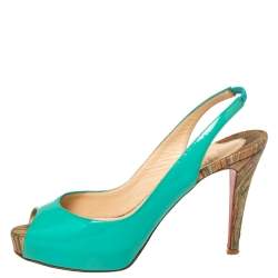 Pre Owned Christian Louboutin Green Patent Leather Private Number Peep Toe Slingback Sandals Size 37.5