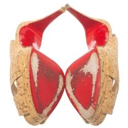 Pre Owned Christian Louboutin Brown/Beige Cork Soso Criss Cross Platform Slingback Sandals Size 39