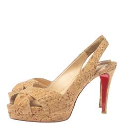 Pre Owned Christian Louboutin Brown/Beige Cork Soso Criss Cross Platform Slingback Sandals Size 39
