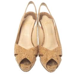 Pre Owned Christian Louboutin Brown/Beige Cork Soso Criss Cross Platform Slingback Sandals Size 39