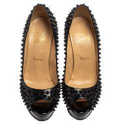 Pre Owned Christian Louboutin Black Patent Lady Peep Toe Spike Platform Pumps Size 38.5