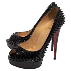 Pre Owned Christian Louboutin Black Patent Lady Peep Toe Spike Platform Pumps Size 38.5