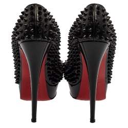 Pre Owned Christian Louboutin Black Patent Lady Peep Toe Spike Platform Pumps Size 38.5