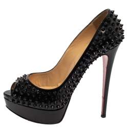 Pre Owned Christian Louboutin Black Patent Lady Peep Toe Spike Platform Pumps Size 38.5