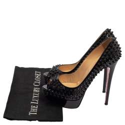 Pre Owned Christian Louboutin Black Patent Lady Peep Toe Spike Platform Pumps Size 38.5