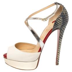 Pre Owned صندل كريستيان لوبوتان مينيتا جلد وجلد ثعبان متعدد الألوان نعل سميك سيور متعاكسة مقاس 37.5