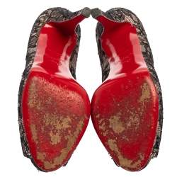 Pre Owned Christian Louboutin Black/Light Pink Lace And Satin Very Prive Peep Toe Platform Pumps Size 37.5