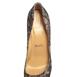 Pre Owned Christian Louboutin Black/Light Pink Lace And Satin Very Prive Peep Toe Platform Pumps Size 37.5