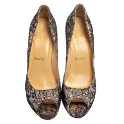 Pre Owned Christian Louboutin Black/Light Pink Lace And Satin Very Prive Peep Toe Platform Pumps Size 37.5