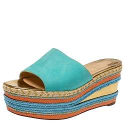 Pre Owned Christian Louboutin Multicolor Leather And Woven Espadrille Platform Slides Size 39