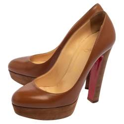 Pre Owned Christian Louboutin Brown Leather Grapi Block Heel Pumps Size 38.5