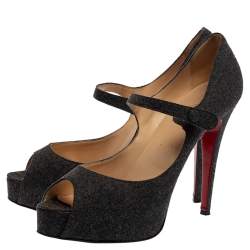 Pre Owned Christian Louboutin Grey Wool Mary Jane Peep-Toe Pumps Size 41