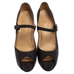 Pre Owned Christian Louboutin Grey Wool Mary Jane Peep-Toe Pumps Size 41