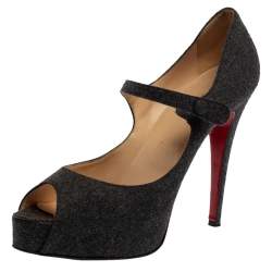 Pre Owned Christian Louboutin Grey Wool Mary Jane Peep-Toe Pumps Size 41