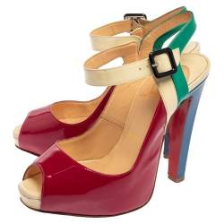 Pre Owned Christian Louboutin Multicolor Patent Leather Peep Toe Platform Slingback Sandals Size 36.5