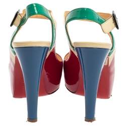 Pre Owned Christian Louboutin Multicolor Patent Leather Peep Toe Platform Slingback Sandals Size 36.5