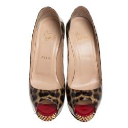 Pre Owned Christian Louboutin Brown/Beige Leopard Print Patent Leather New Very Prive Spikes Platform Pumps Size 39.5
