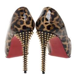 Pre Owned Christian Louboutin Brown/Beige Leopard Print Patent Leather New Very Prive Spikes Platform Pumps Size 39.5